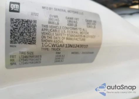 2022 Chevrolet Express Cargo Rwd 2500 Regular Wheelbase Wt z USA, uszkodzony, nr VIN 1GCWGAF13N1243010